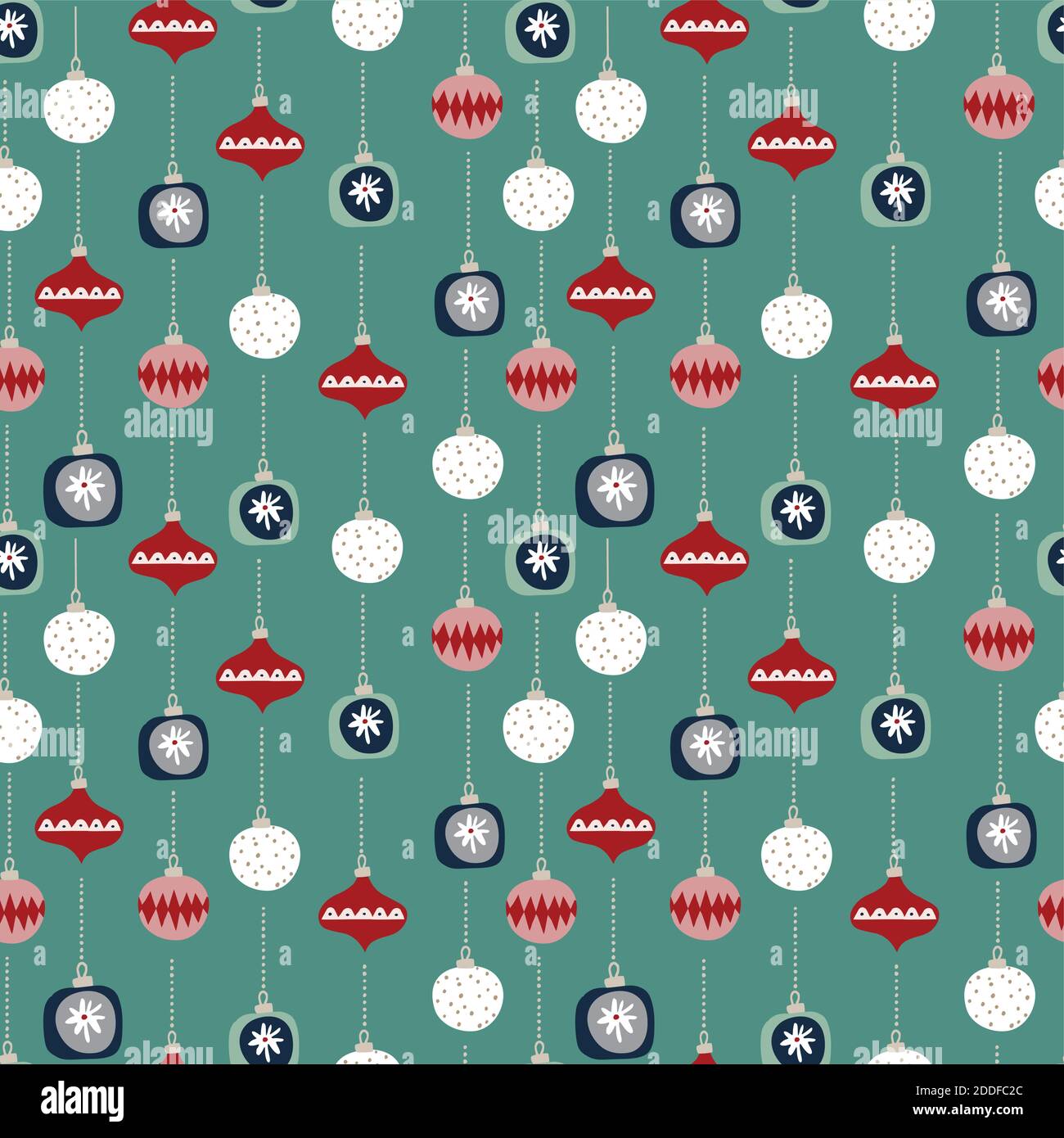 Weihnachtliche nahtlose Muster mit bunten Weihnachtsschmuck, Kugeln isoliert auf grünem Hintergrund. Set von dekorativen Kugeln. Handgezeichnete festliche Falt Stock Vektor