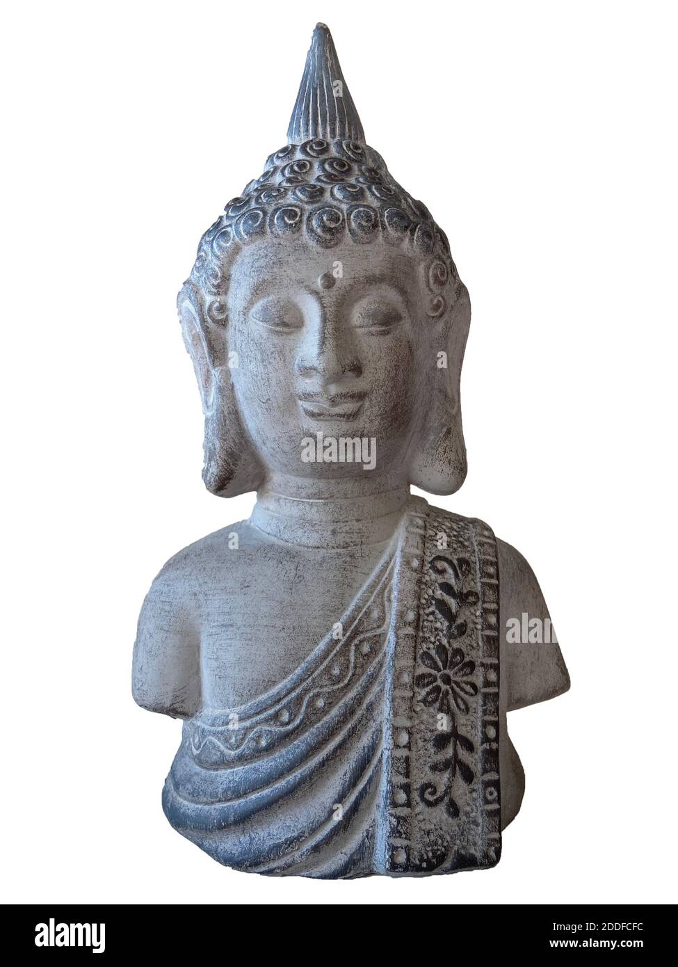 Keramik buddha Figur isoliert auf weißem Hintergrund. Traditionelles Glück des Ostens. Meditierende und betende Statue. Symbol des buddhismus. Stockfoto