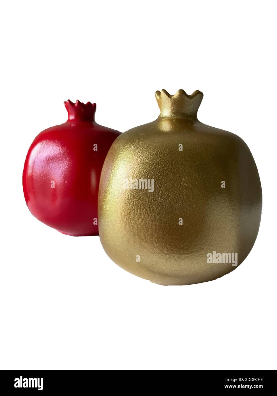 Granatapfel Obst dekorativen Schmuckkästchen Gold und rot bunt isoliert auf weißem Hintergrund. Blumenkunstglas. Glückliche Frucht von Reichtum und Wohlstand. Stockfoto