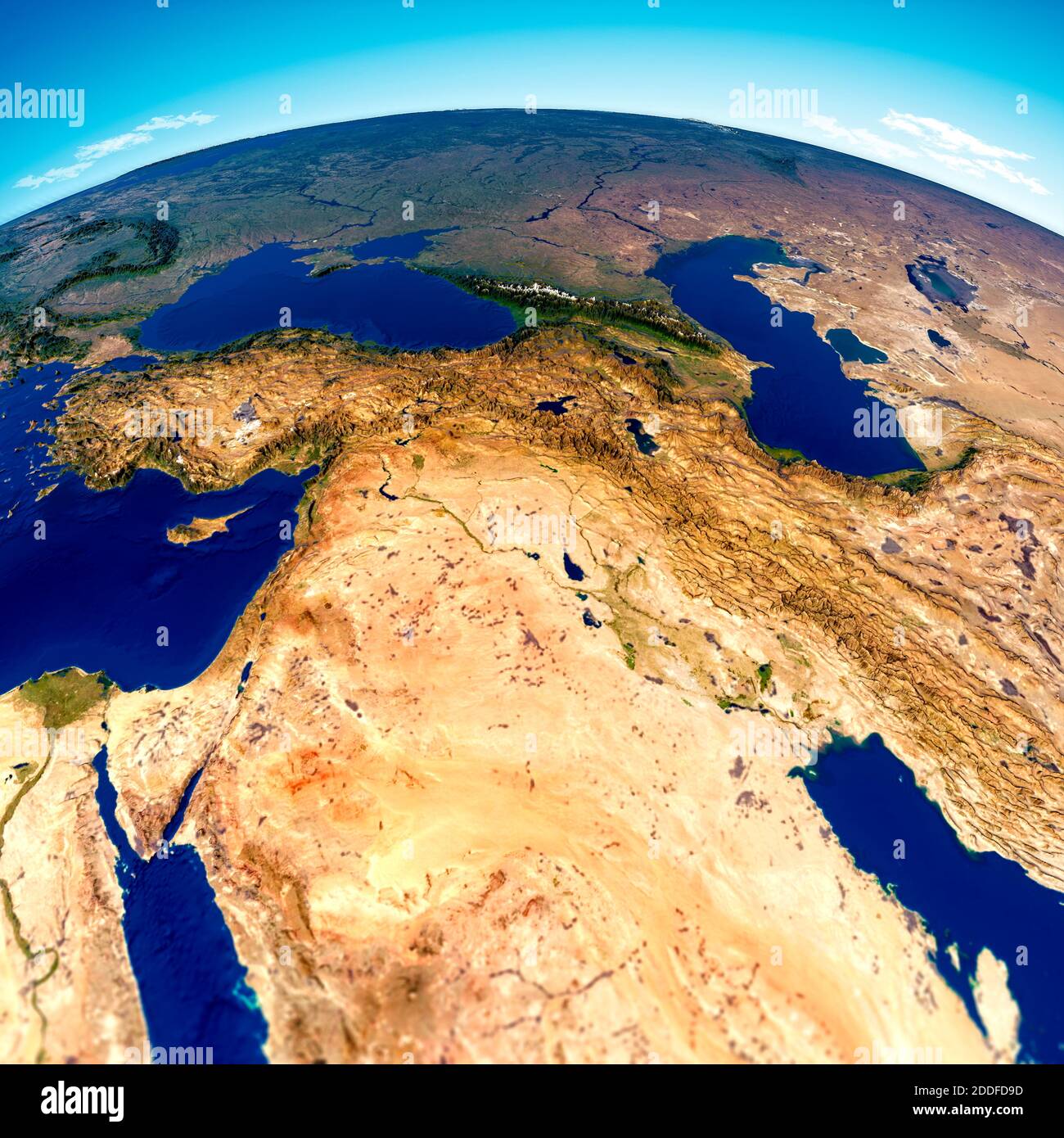 Satellitenansicht, Karte der Arabischen Halbinsel, Naher Osten physische Karte, 3d Rendering, Karte mit Relief und Bergen. Israel, Türkei, Syrien, Irak, Jordanien Stockfoto