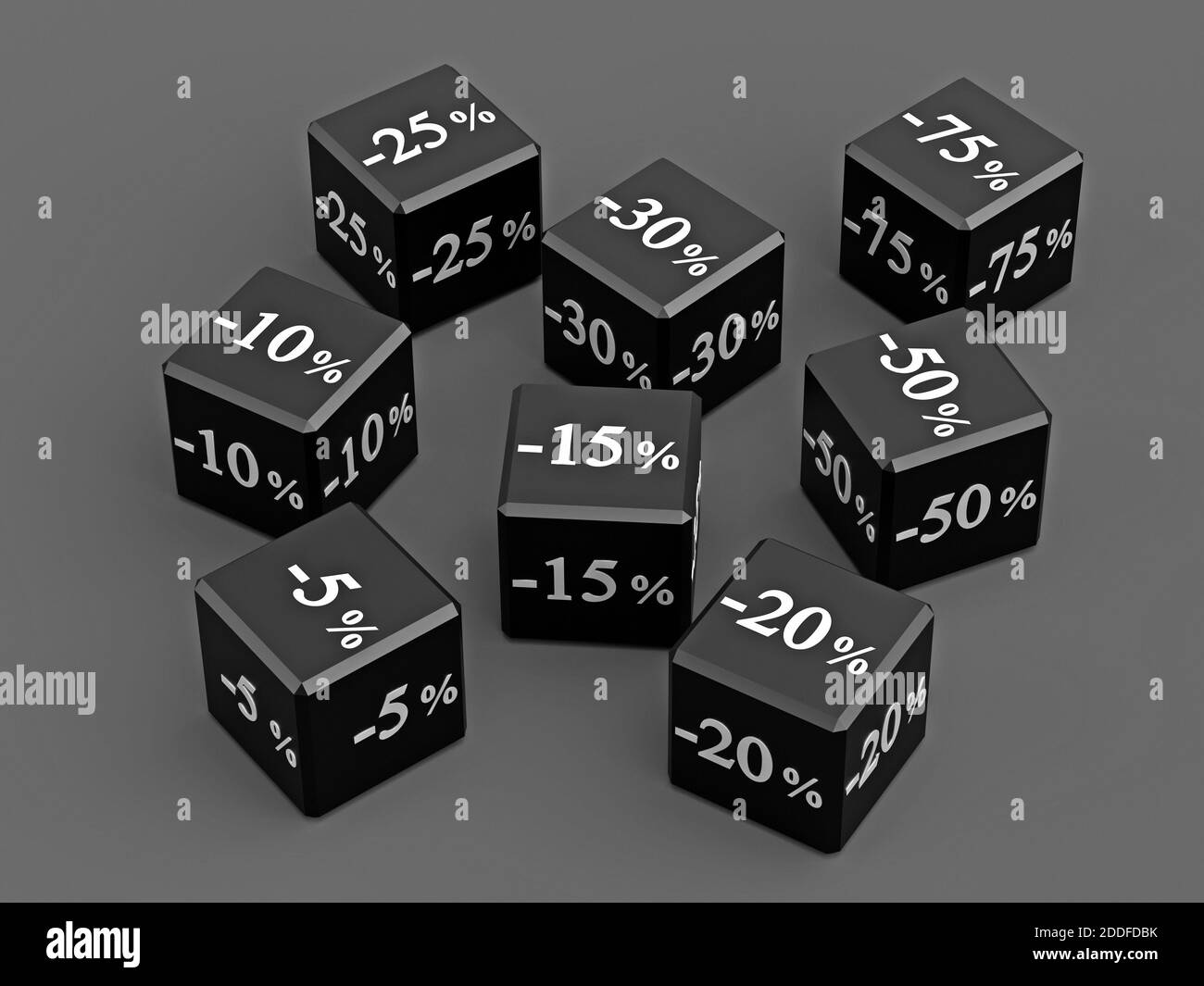 Schwarze Würfel mit verschiedenen Rabatten zum Verkauf. Zahlen mit Prozentsätzen. 3d-Rendering Stockfoto
