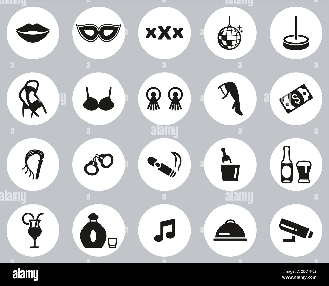 Strip Club Icons Schwarz-Weiß Flat Design Kreis Set Groß Stock Vektor