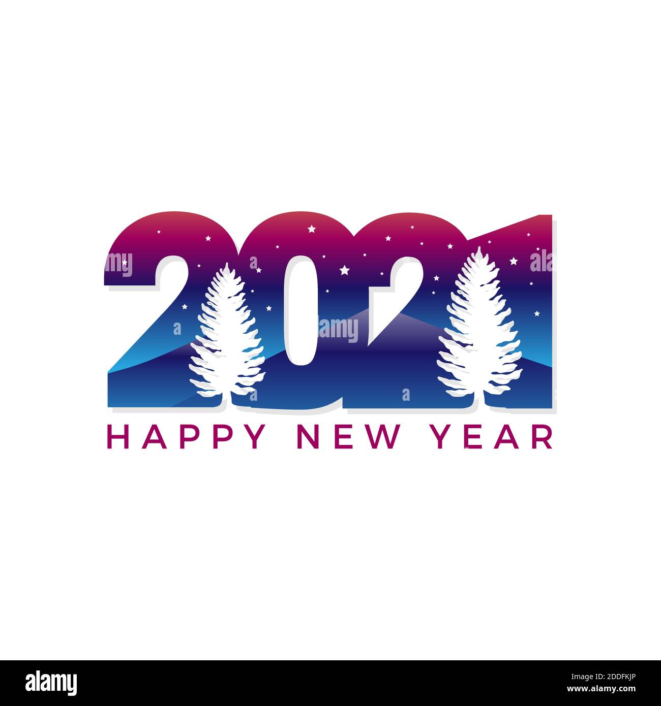 Frohes neues Jahr 2021 Konzept. Design mit einem Berg in den Nachthimmel mit einer Kiefer. Elegante bunte Gradienten-Design. vektor-Illustration Vorlage. Stock Vektor