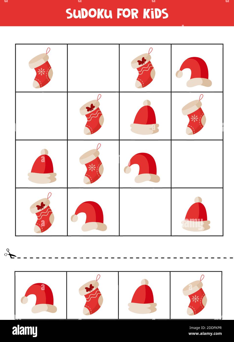 Sudoku Puzzle mit Weihnachtssocken und Hüten. Logisches Arbeitsblatt zum Bildungswesen. Stock Vektor