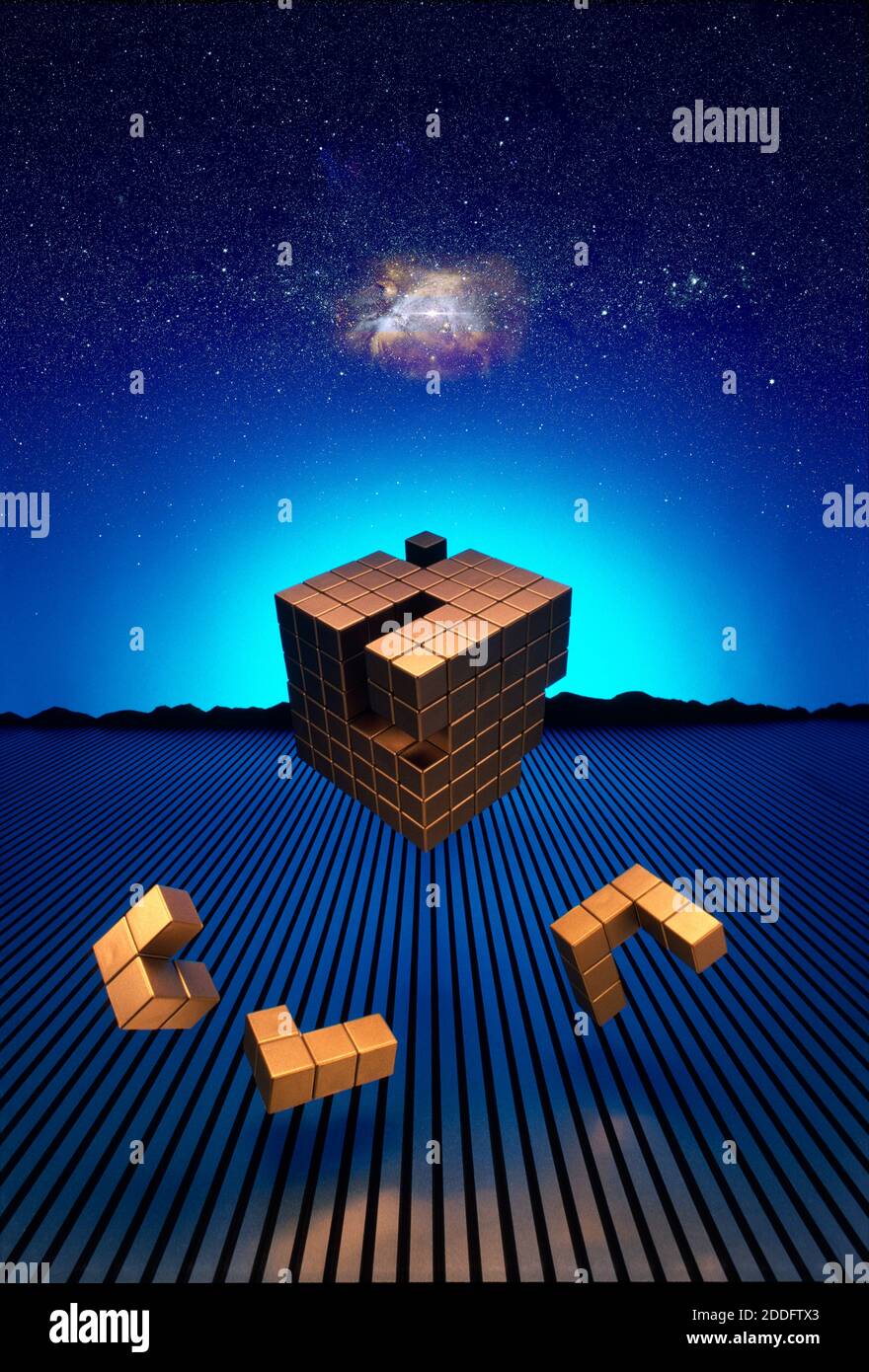 Problemlösung futuristische schwimmende 3D Puzzle rubik Cube Konzept Stockfoto