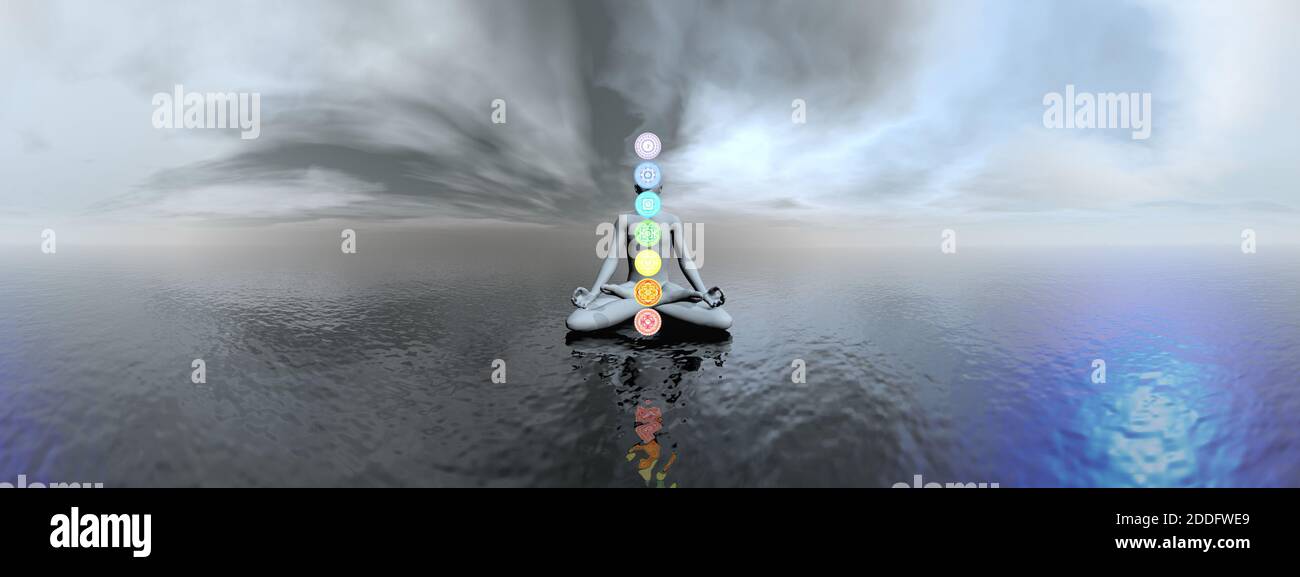 Mann meditiert über den Ozean und Chakra Farben - 3D Rendern Stockfoto