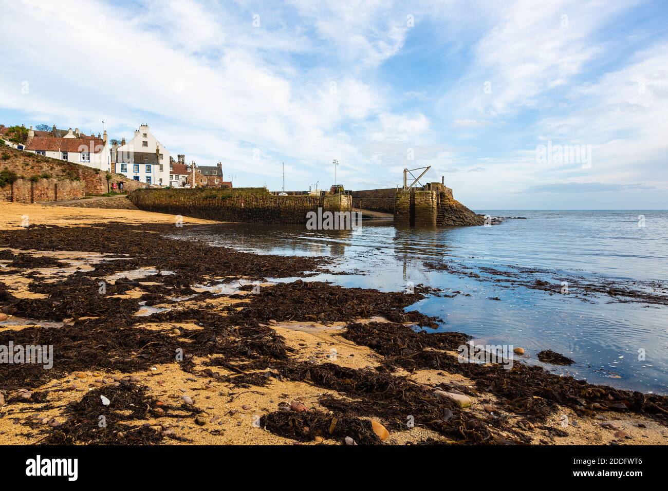 Crail Harbour ist bei Ebbe völlig leer, mit den kleinen Booten, die auf dem sandigen Boden sitzen. Hier kommt die Flut. Es gibt einen riesigen Morgen Stockfoto