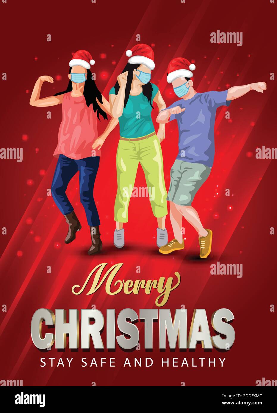 Merry christmas Dance Night Party Flyer Design mit Gruppe von Menschen tanzen mit santa Hand und tragen chirurgische Maske. Coronavirus, covid-19 Konzept. Stock Vektor