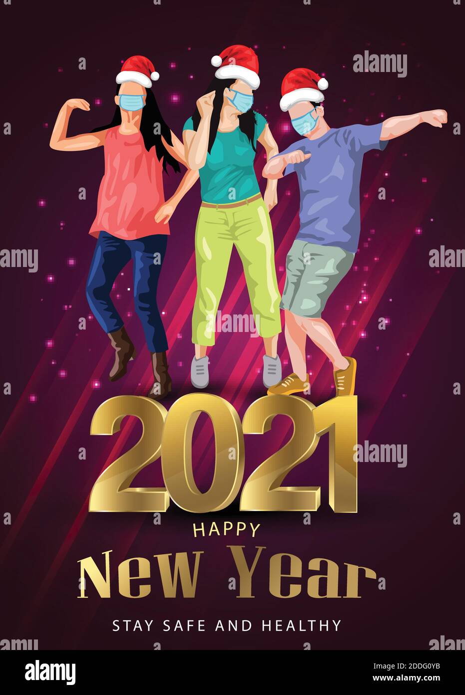 Happy New Year Dance Night Party Flyer Design mit Gruppe von Menschen tanzen mit santa Hand und tragen chirurgische Maske. Coronavirus, covid-19 Konzept. v Stock Vektor
