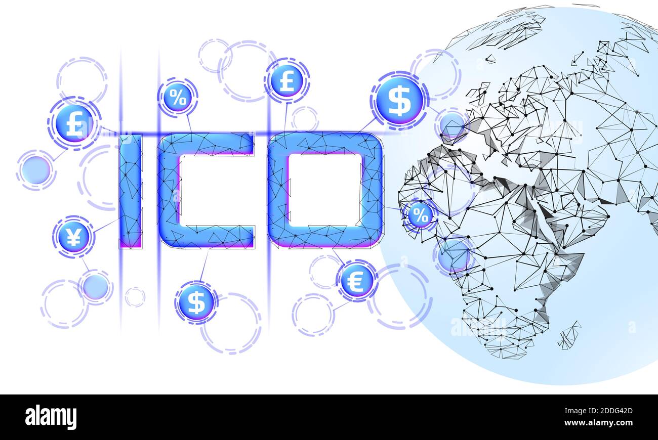 Erste Münze bietet ICO Buchstaben Technologie Konzept. Business Finance Wirtschaft Low Poly Design Stil. Währung Krypto-Banking Online-Angebot. Internet Stock Vektor