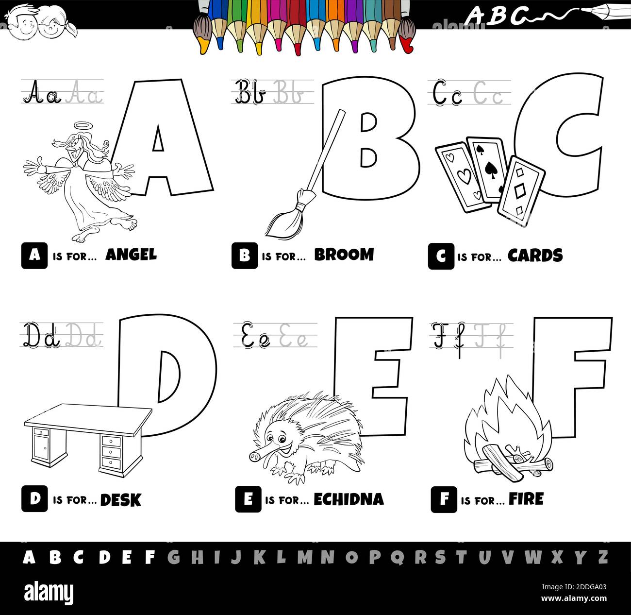 Schwarz-Weiß-Cartoon-Illustration von Großbuchstaben aus Alphabet Lernset zum Lesen und Schreiben Praxis für Kinder aus A bis F colori Stock Vektor