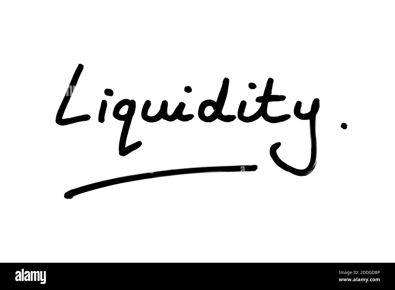 Das Wort Liquidität handgeschrieben auf weißem Hintergrund. Stockfoto