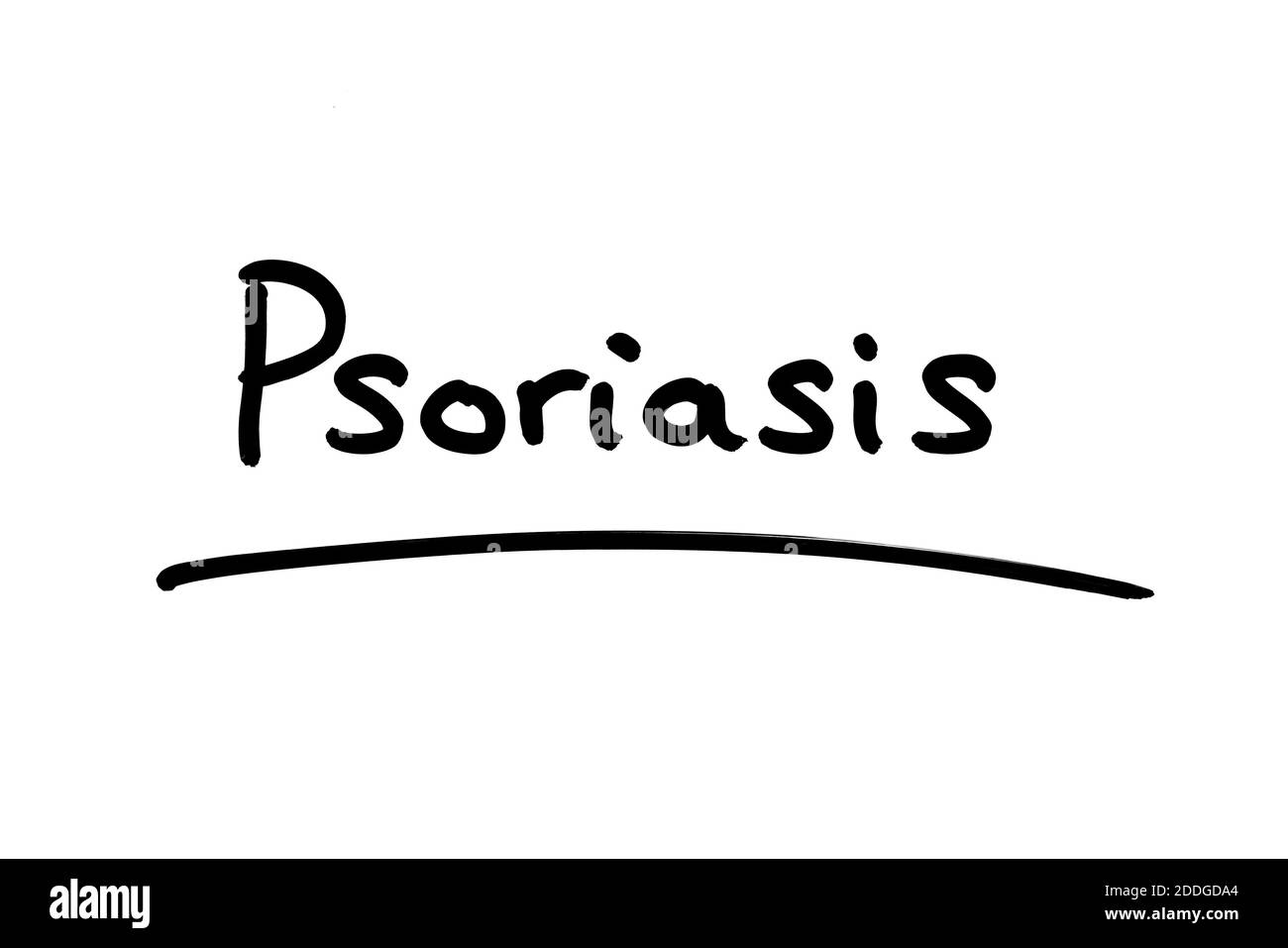 Das Wort Psoriasis handgeschrieben auf weißem Hintergrund. Stockfoto