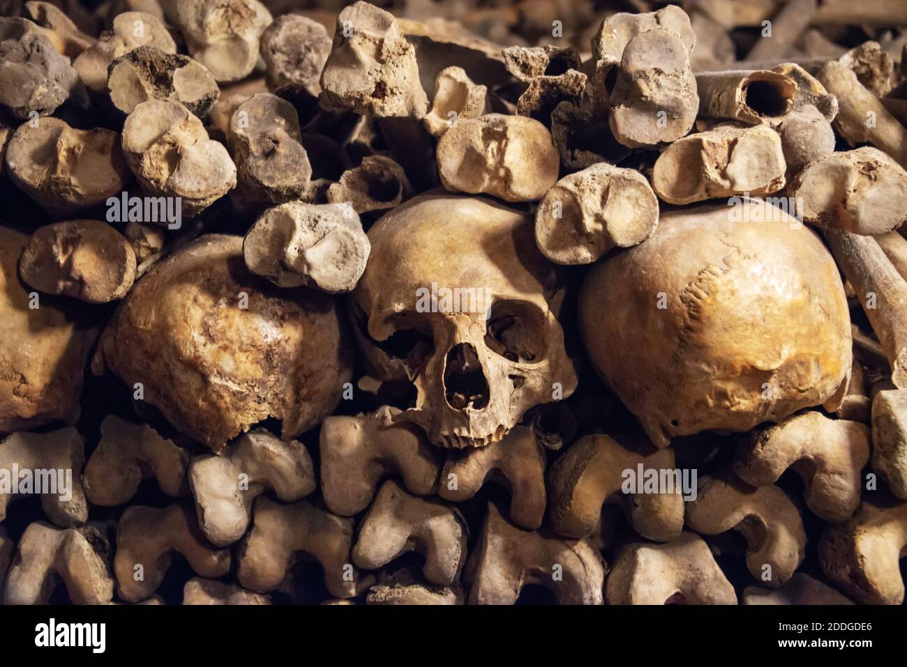 Stapel von Schädeln und Knochen in den Katakomben von Paris, Frankreich Stockfoto