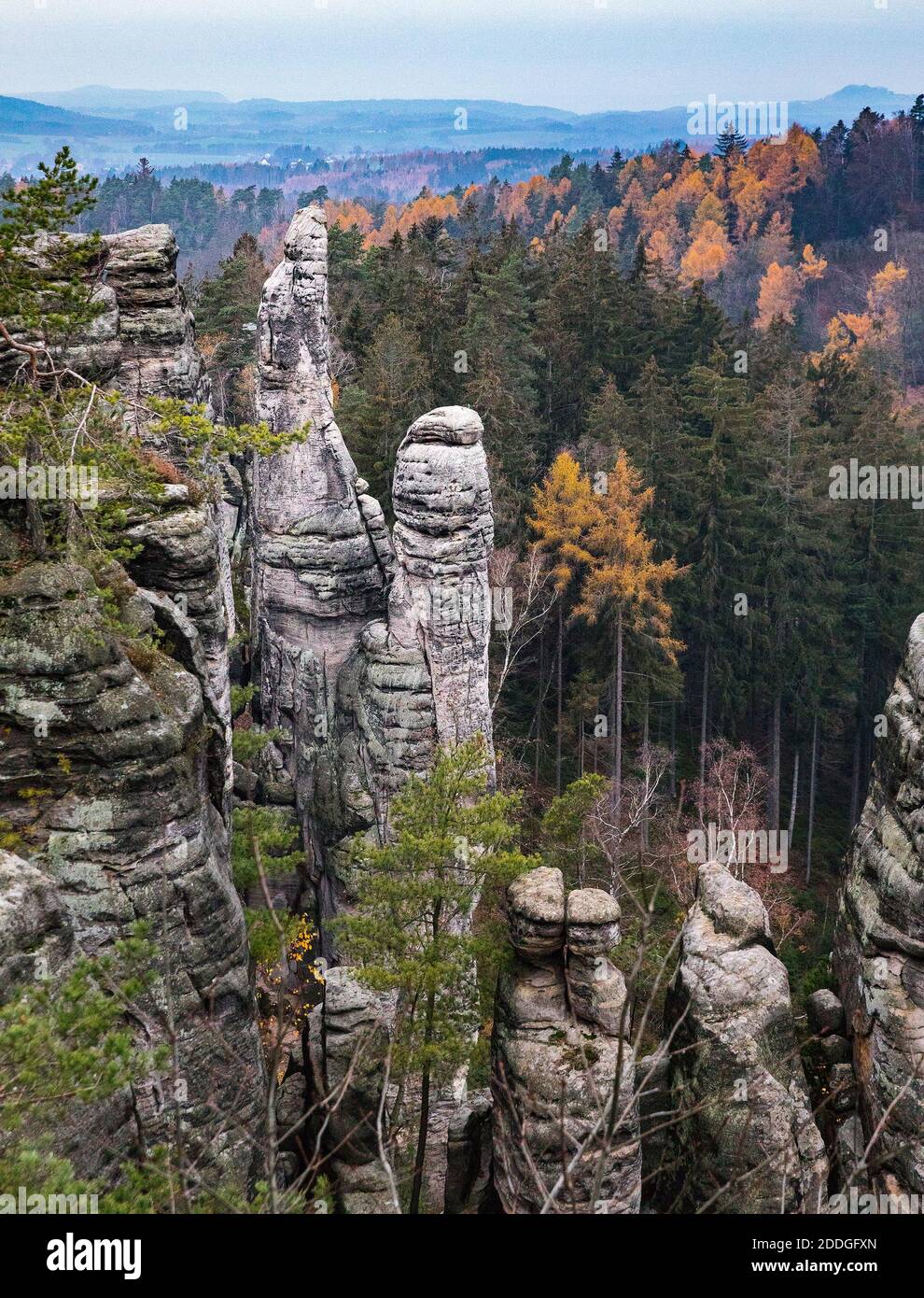 Dominant der Prachov Felsen - Jehla und Capka (Nadel und Kappe) in schönen Herbstfarben. Herbstansicht der Prachov Felsen - Böhmisches Paradies. Tschechische Repu Stockfoto