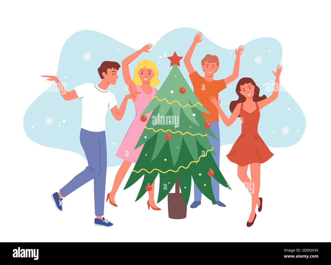 Glückliche Freunde tanzen in der Nähe von Weihnachtsbaum, lustige Weihnachtsfeier zu Hause, hübsche Mädchen und Jungs feiern Neujahr zusammen. Stock Vektor