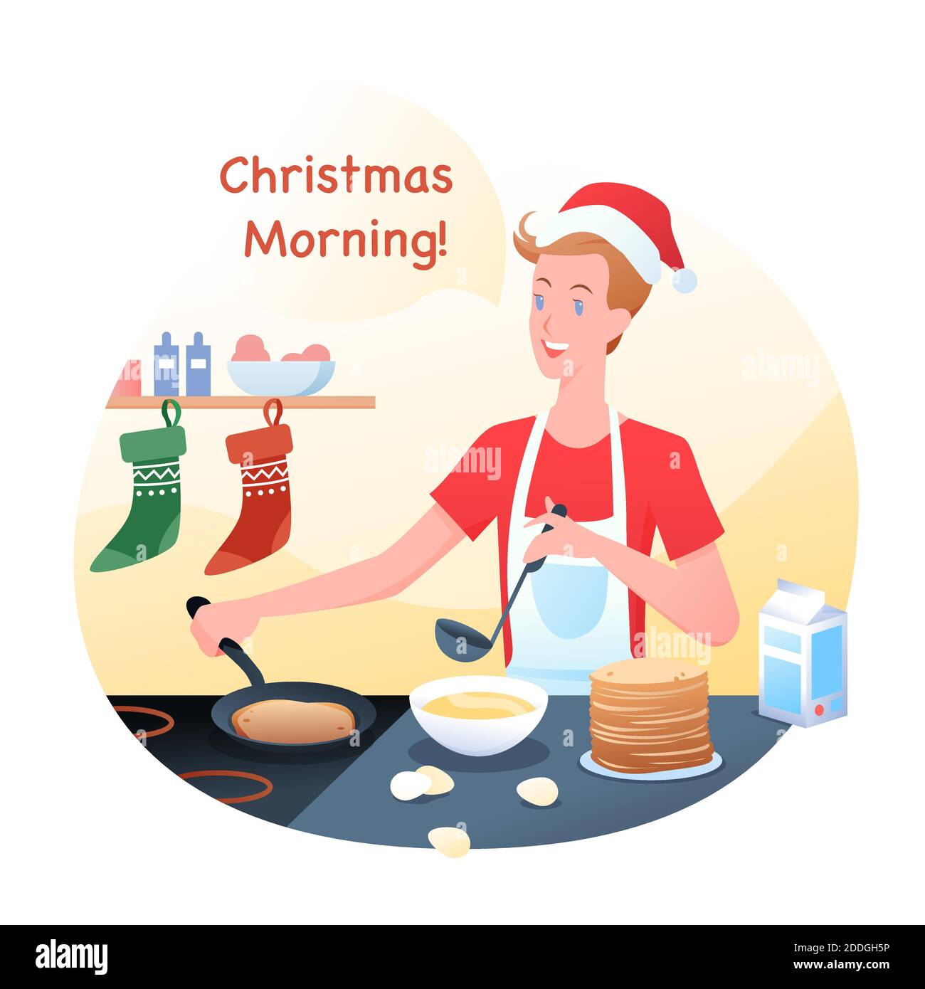 Vektor-Illustration von Kerl ist Kochen Pfannkuchen in Weihnachtshut, Winterferien zu Hause. Routine am Weihnachtsmorgen. Stock Vektor
