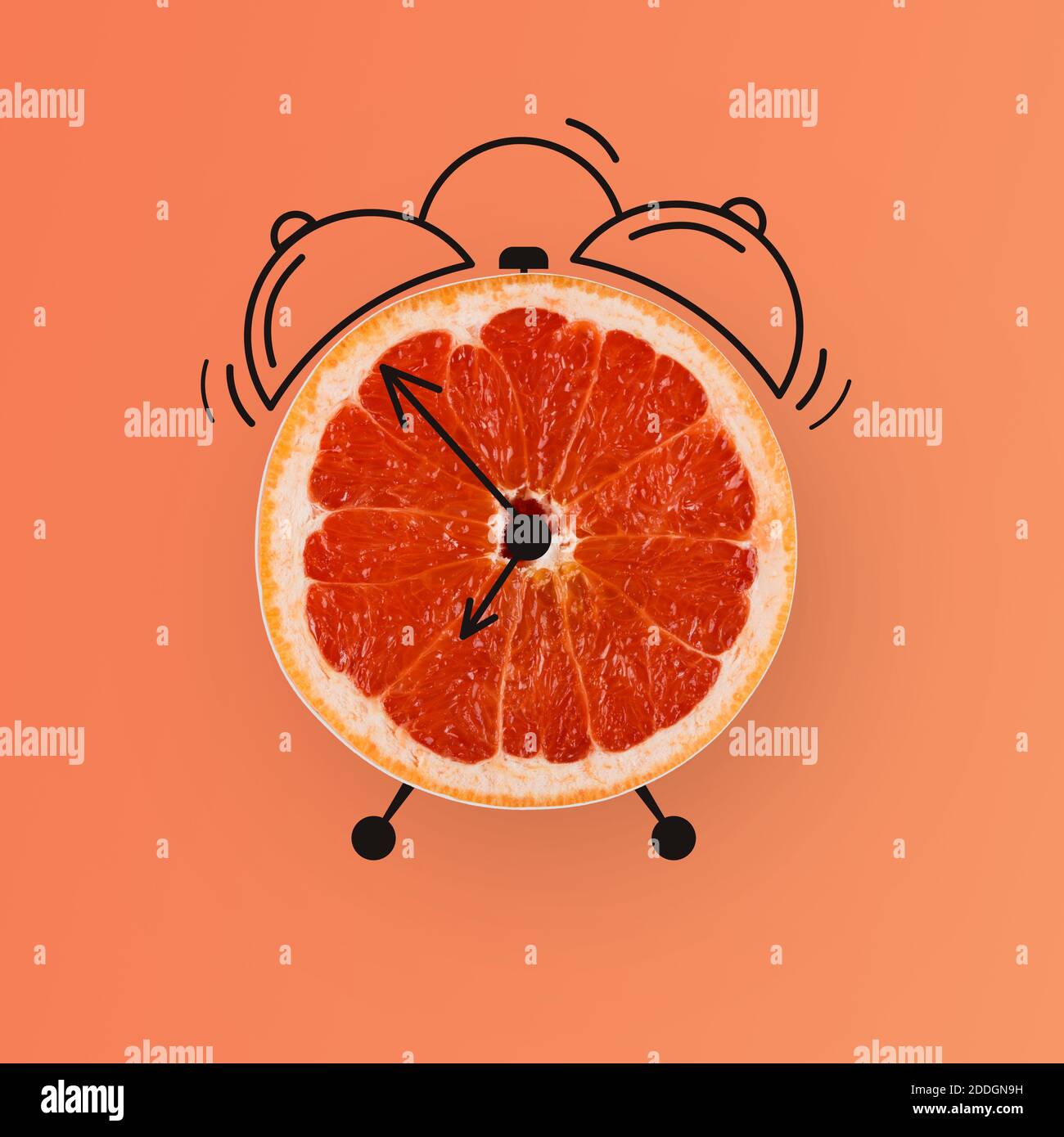 Kreative Collage Mit Halb-Grapefruit-Schnitt Als Uhr Entworfen Stockfoto