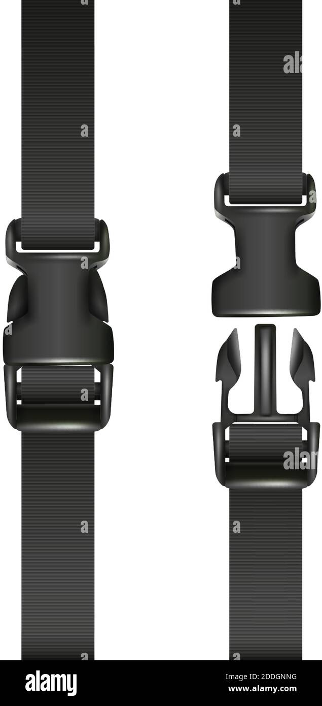 Vector 3d realistische schwarze Dual Schnellverschluss Schnalle mit einem Gurt, geschlossen und geöffnet. Isoliert auf weißem Hintergrund. Stock Vektor