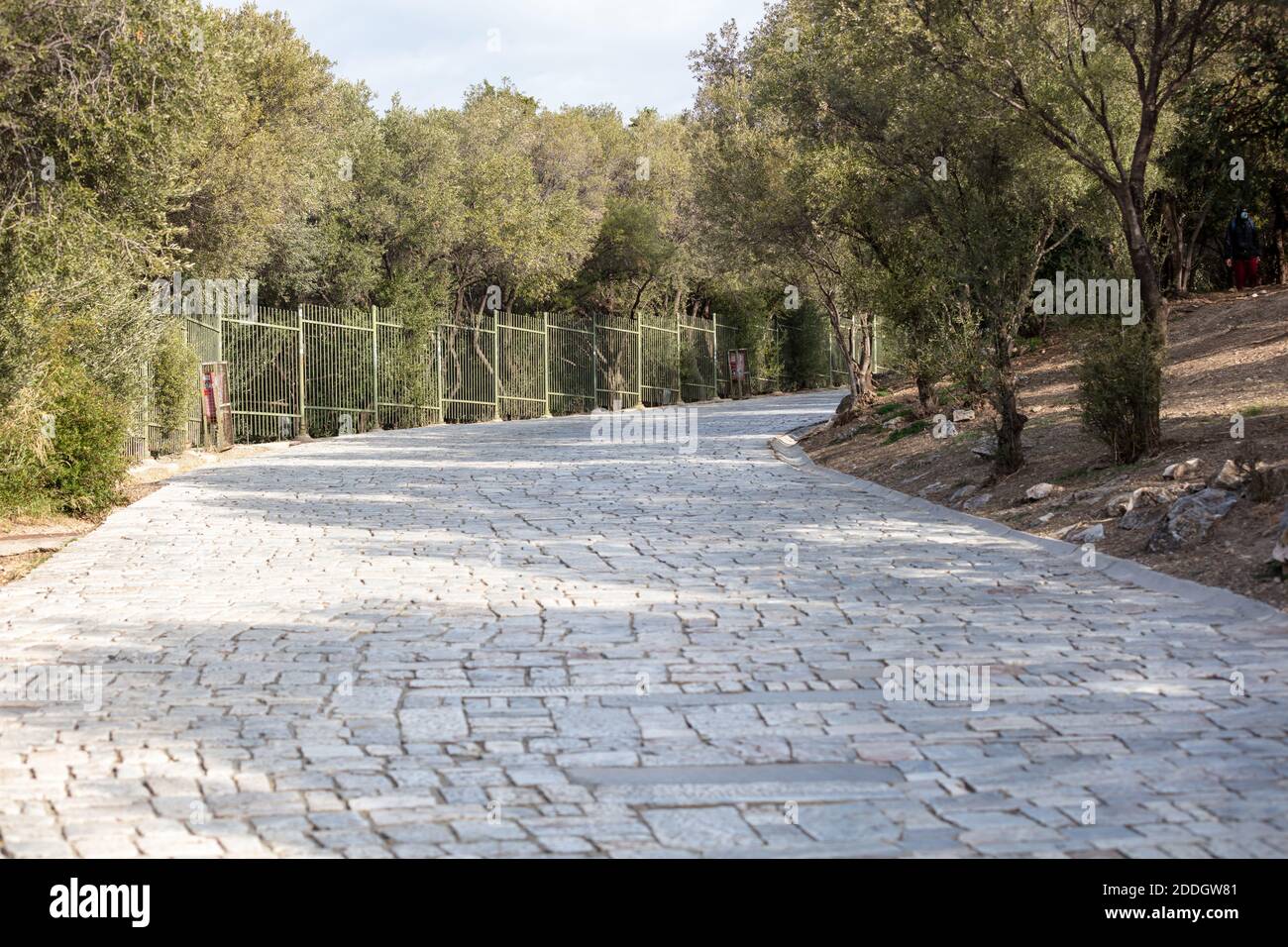 Athen, Griechenland. Kopfsteinpflaster Weg zur Akropolis. Marmor gepflasterte Straße, griechische Flora, blauer wolkiger Himmel an einem sonnigen Tag. Stockfoto
