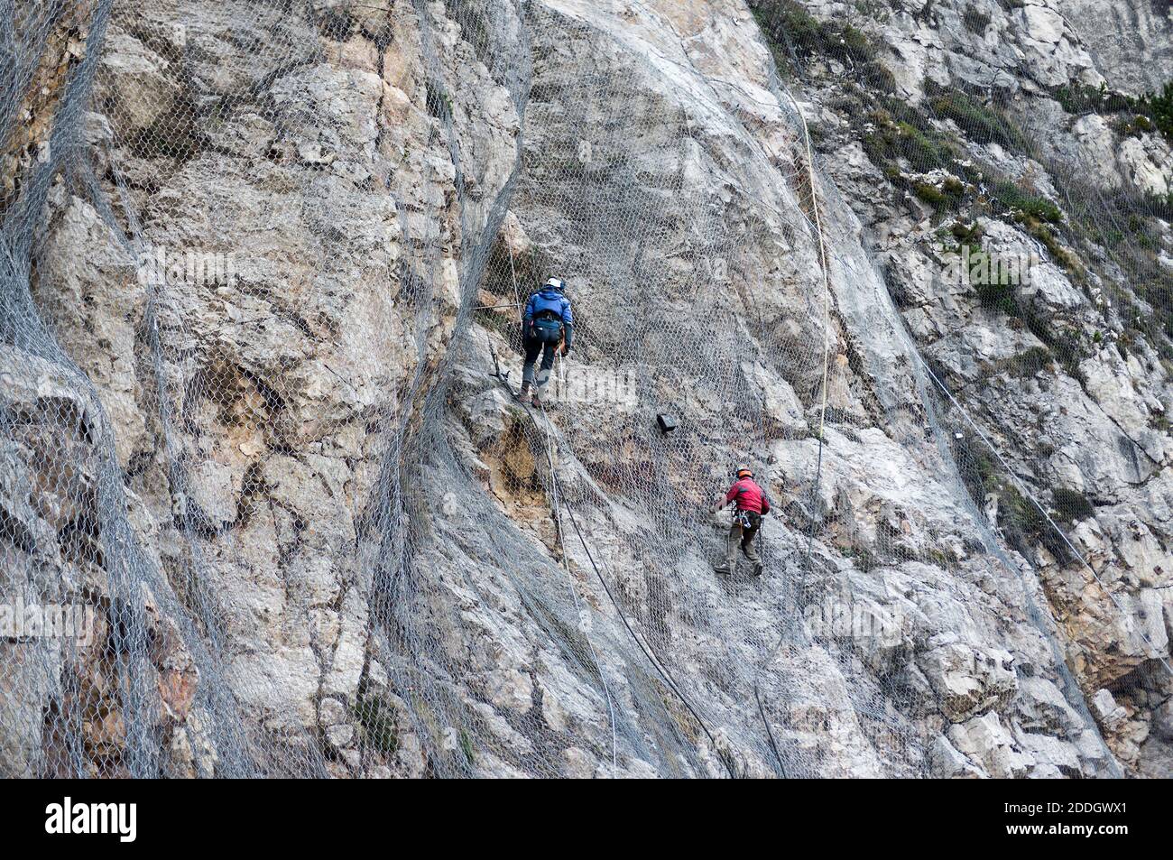 7/11/2020 Campobrun Naturschutzgebiet, Trentino, Italien: Installation von aktiven Steinschlag Barriere System bedeckt den Berg, um Steine aus fa Stockfoto