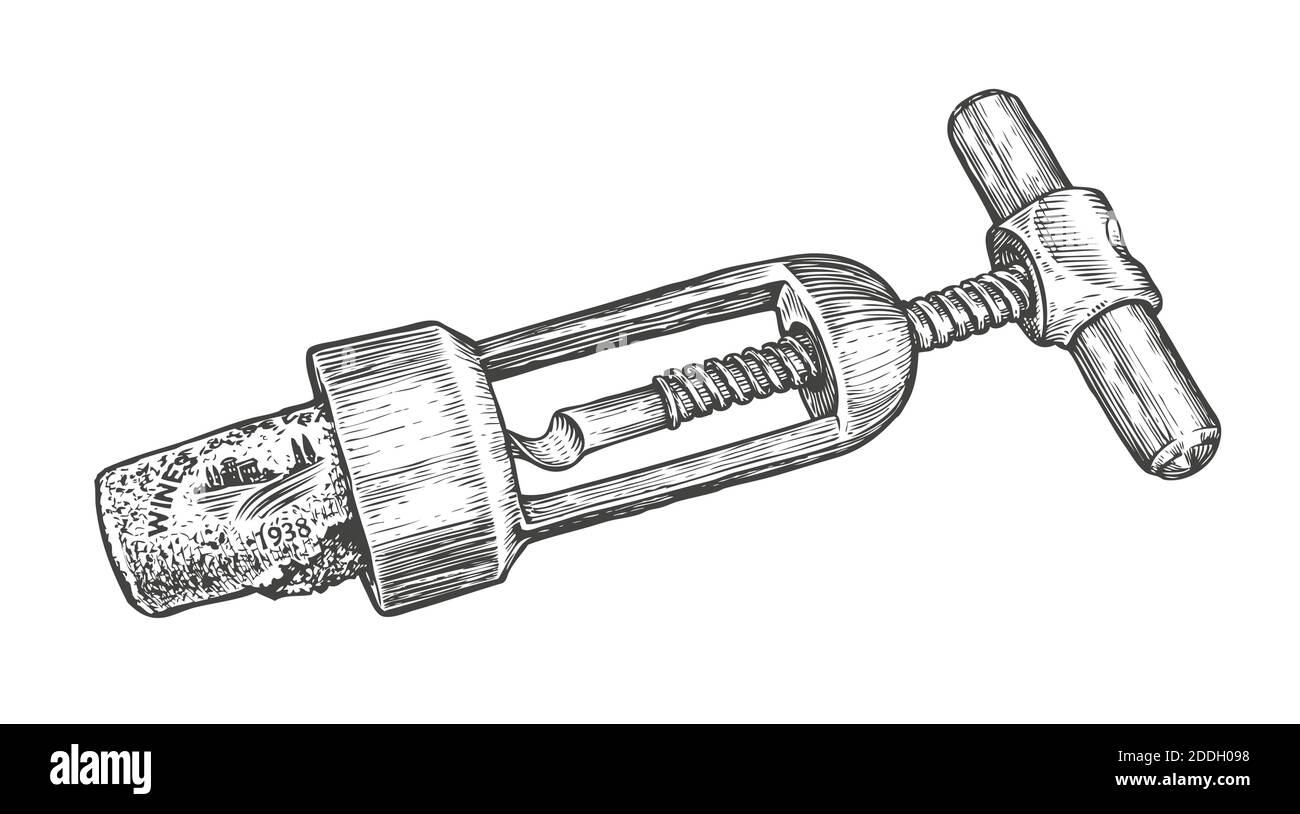 Skizze Korkenzieher. Weinöffner vintage Vektor Illustration Stock Vektor