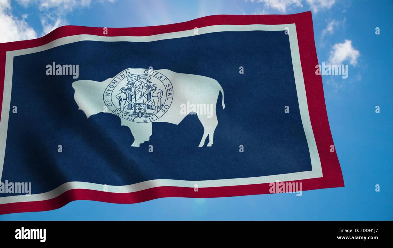 Wyoming Flagge auf einem Fahnenmast winkt im Wind, blauer Himmel Hintergrund. 3d-Rendering Stockfoto
