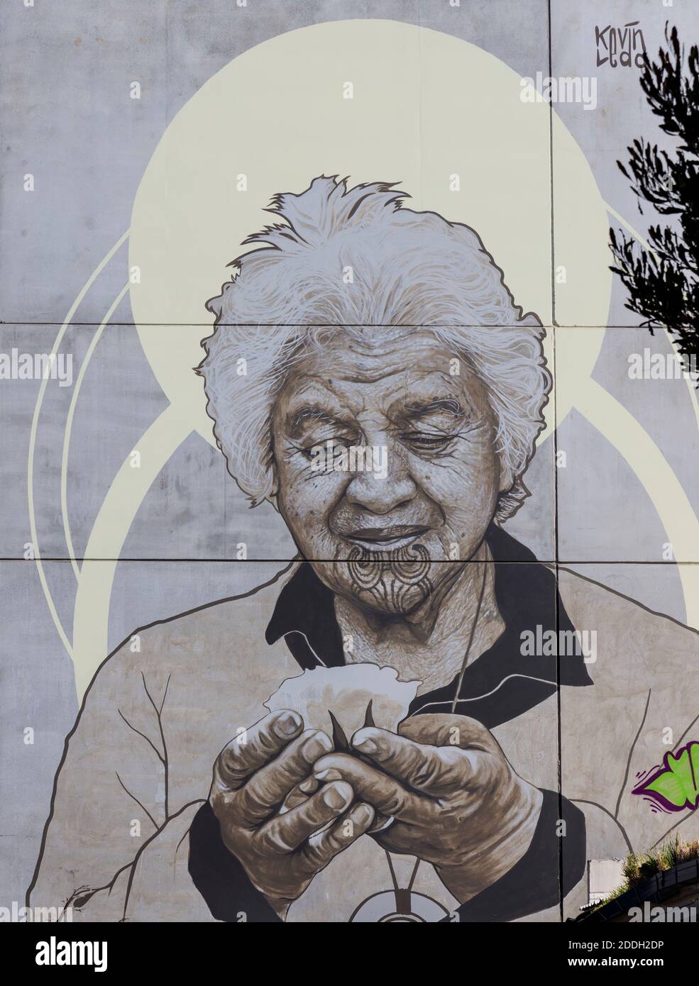 'Whero O Te Rangi Bailey' des Künstlers Kevin Ledo. Ein Maori-Ältester, der zuvor von Stu Robertson fotografiert wurde. Crown Plaza Hotel, Christchurch, Neuseeland. Stockfoto