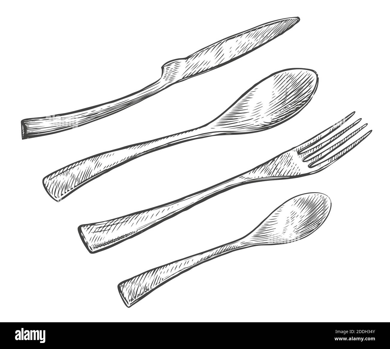 Besteck, Löffel und Gabel Skizze. Food Konzept Vintage Vektor Illustration Stock Vektor