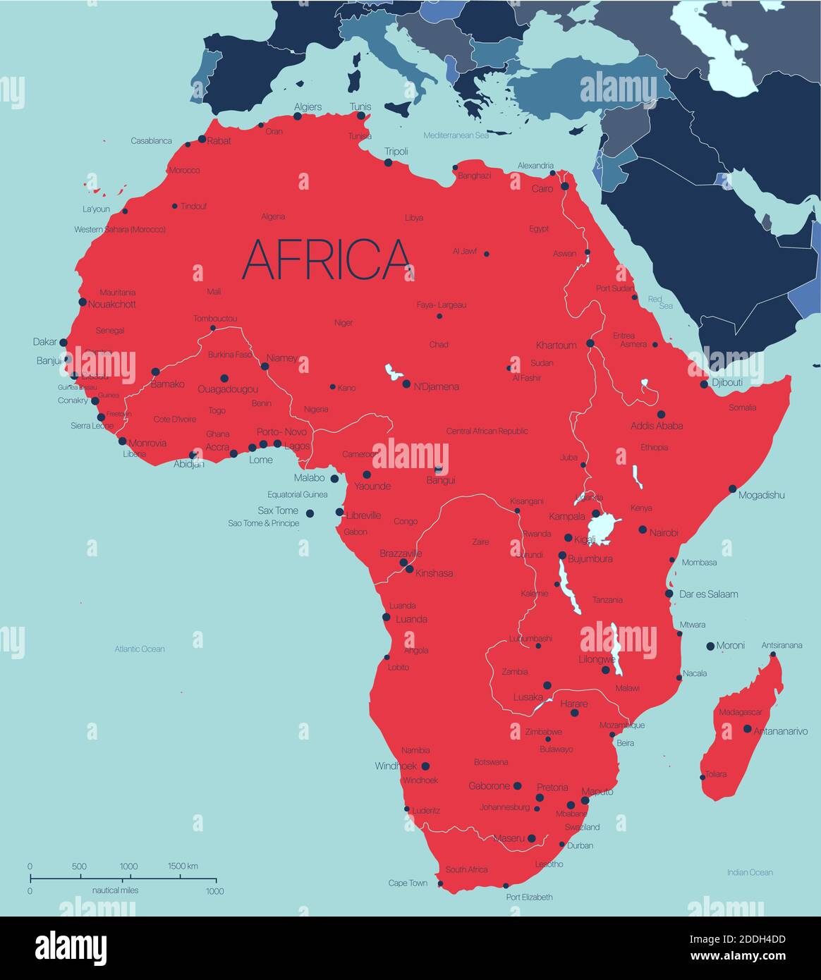 Afrika Kontinent Vektorkarte mit Ländern und Städten. Vektorgrafik editierbare Illustration. Trend-Farbschema Stock Vektor
