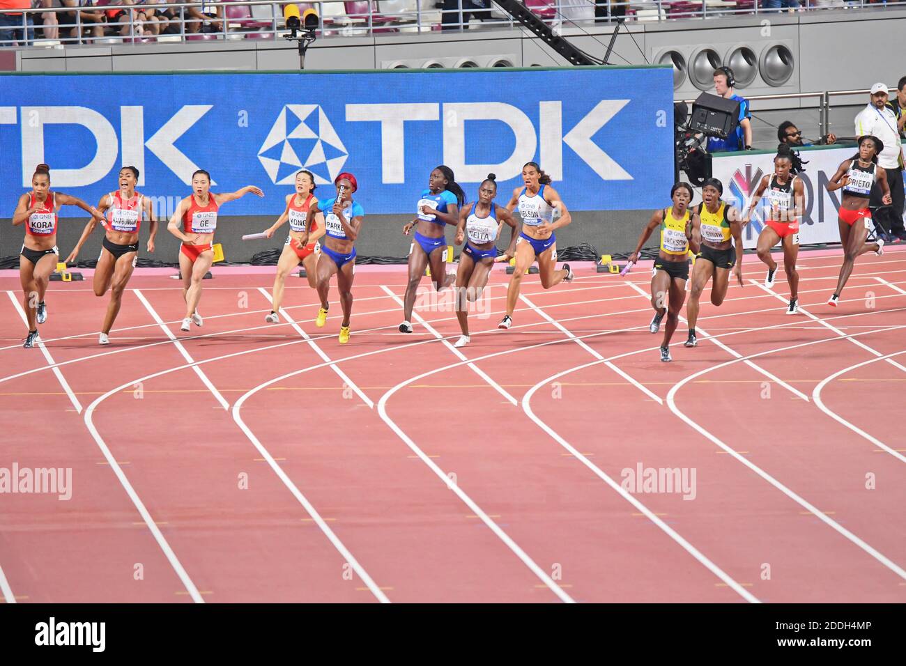 4x100 Relais Finale: Türkei, China, USA, Großbritannien, Jamaika. IAAF Leichtathletik WM, Doha 2019 Stockfoto