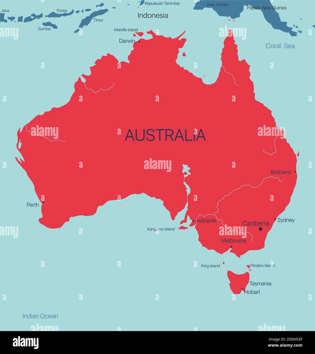 Australien Kontinent Vektorkarte mit Städten. Vektorgrafik editierbare Illustration. Trend-Farbschema Stock Vektor