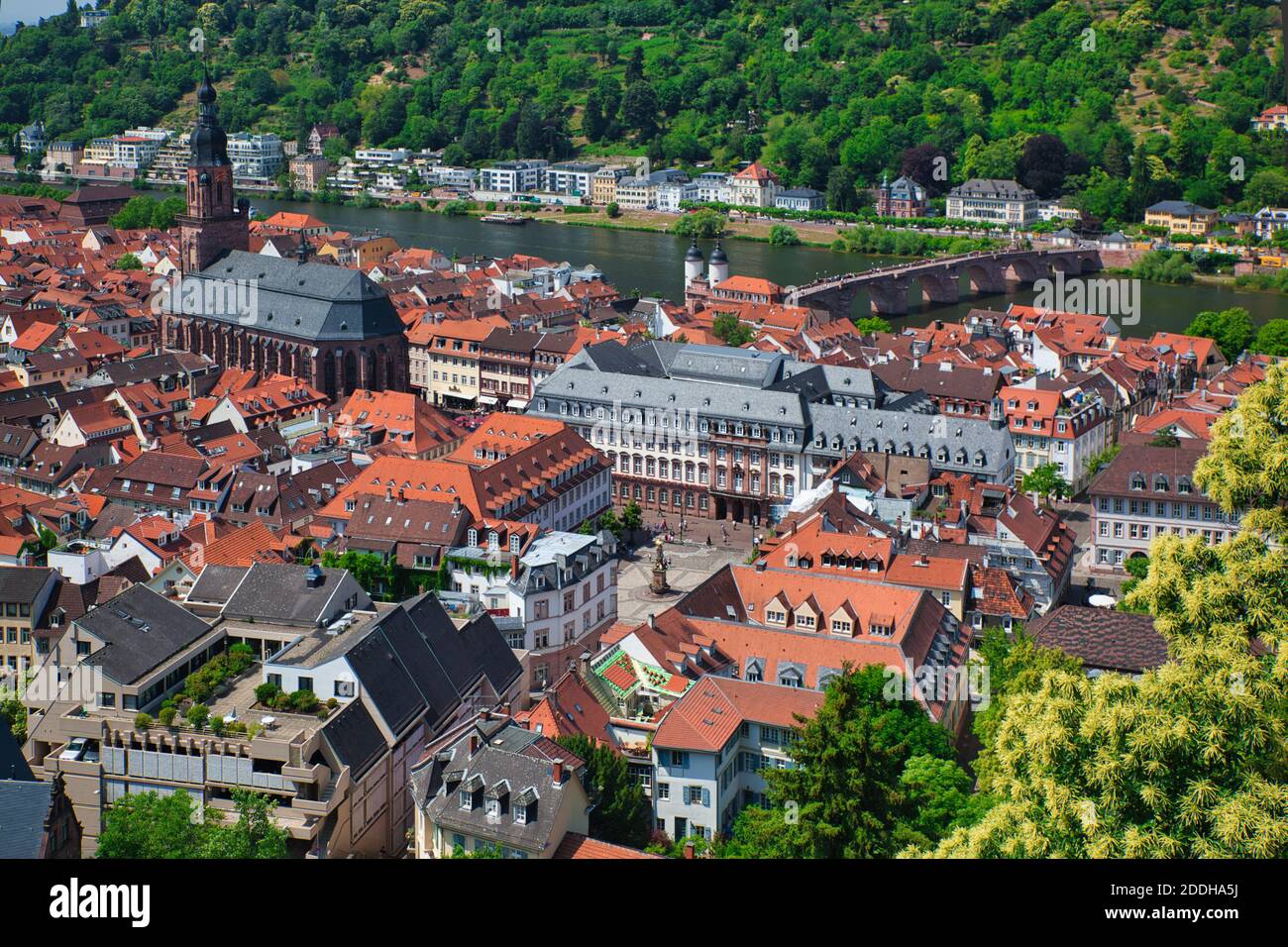 Eine Luftaufnahme vom alten Schloss im Zentrum Heidelbergs im baden-württembergischen Bundesland, mit Gebäuden und roten Dächern von oben Stockfoto
