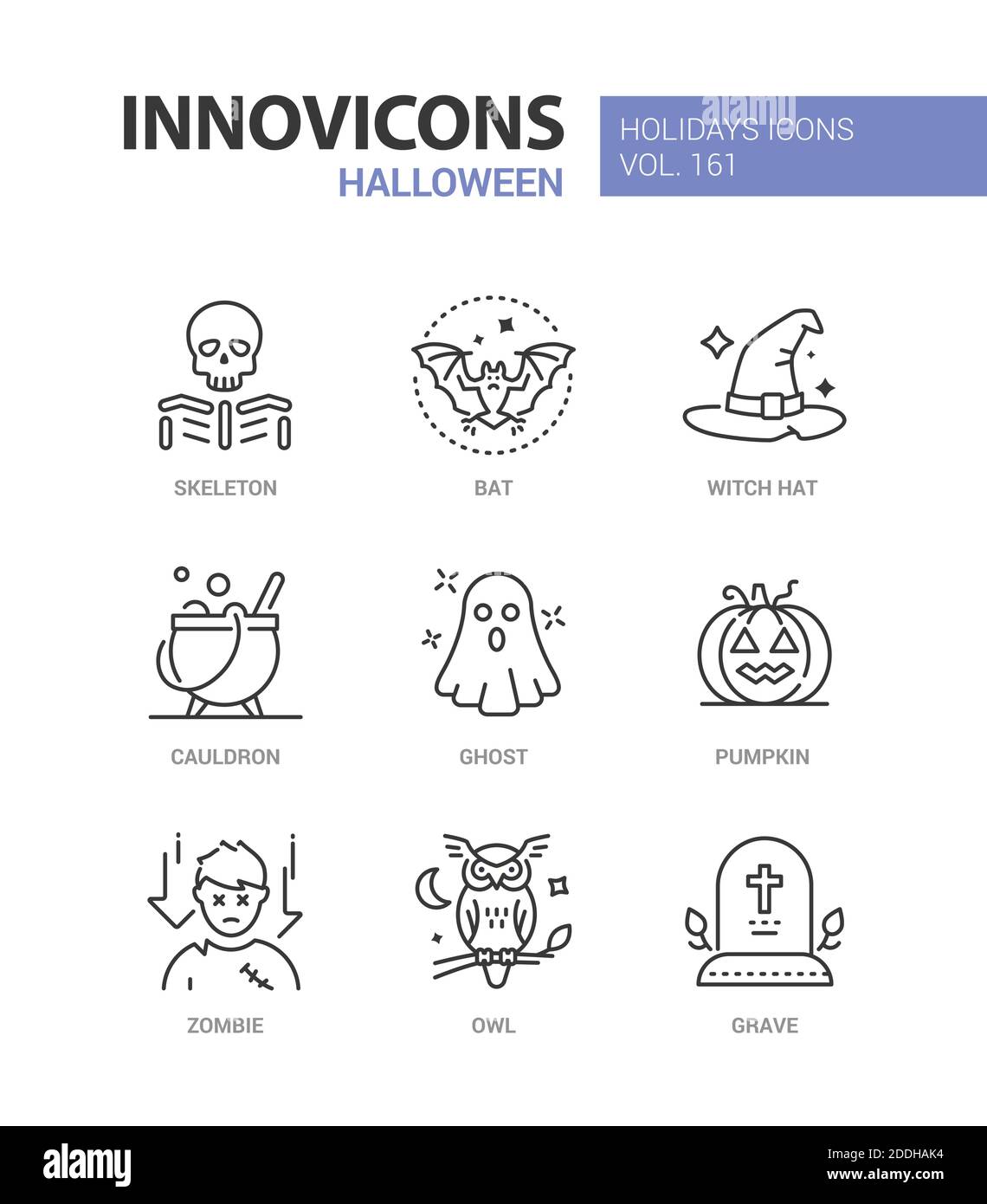 Halloween Symbole - moderne Linie Design Stil Symbole gesetzt. Urlaub Zeichen, Zeichen, Traditionen und Symbole Idee. Skelett, Ban, Hexenhut, Kessel, gh Stock Vektor