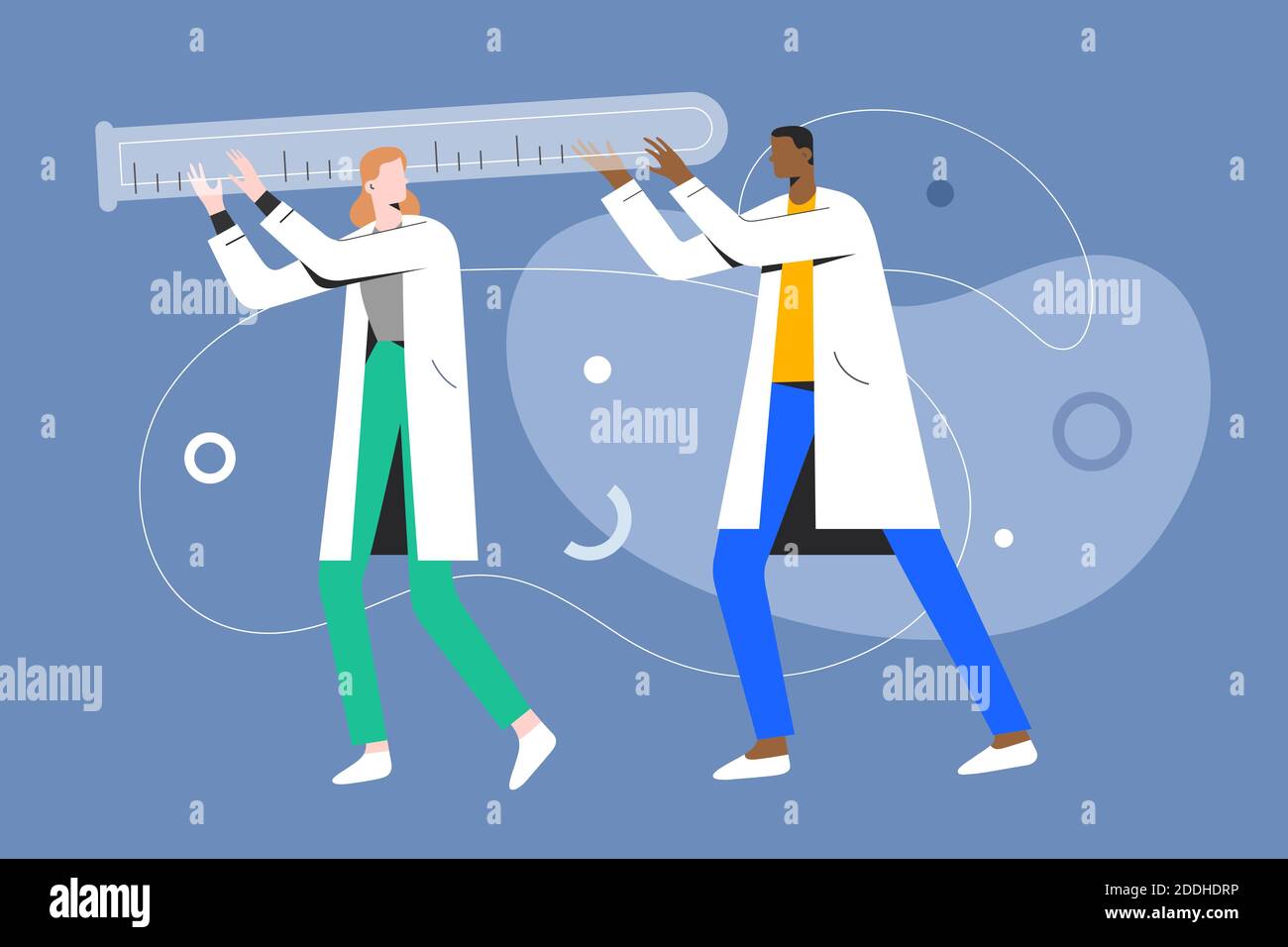 Winzige Ärzte tragen einen riesigen Glasschlauch, medizinische Forschungskonzept, Vektor-Illustration, Comic-Figuren, Laborstudien. Stock Vektor