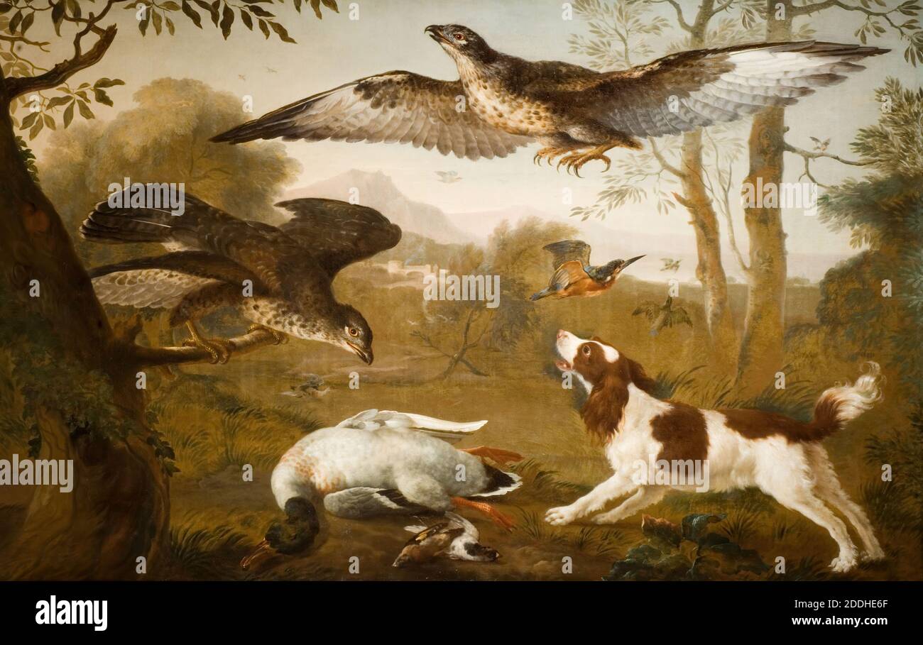 Hund bewacht eine tote Ente von Raubvögeln, 1700-1800 British School, Künstler unbekannt, Tier, Hund, Spaniel, Spiel, Vogel, Ente, Vogel, Greifvogel, Vogel, Eisvogel Stockfoto
