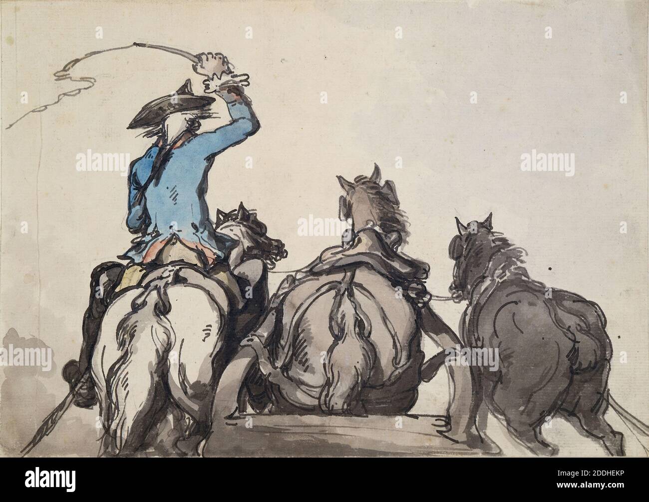 Ein französisches Postillion, 1780 Thomas Rowlandson, Aquarell, Transport, Tier, Pferd, Kutsche Stockfoto