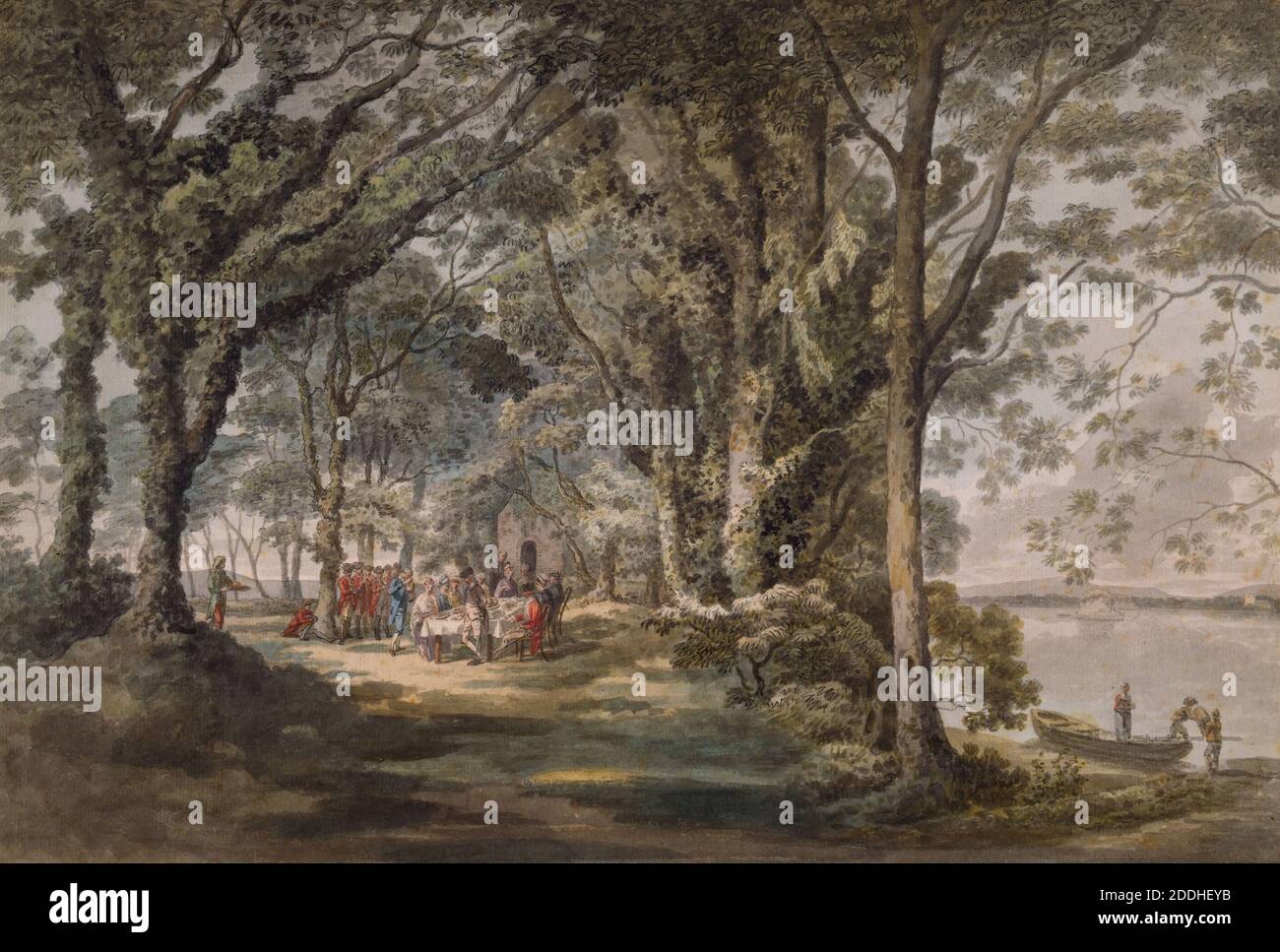 Landschaft mit Figuren bei einer Open Air Mahlzeit, 1760-1782 William Pars, Boot, Baum, Landschaft, See, Aquarell, Wald, Wald Stockfoto