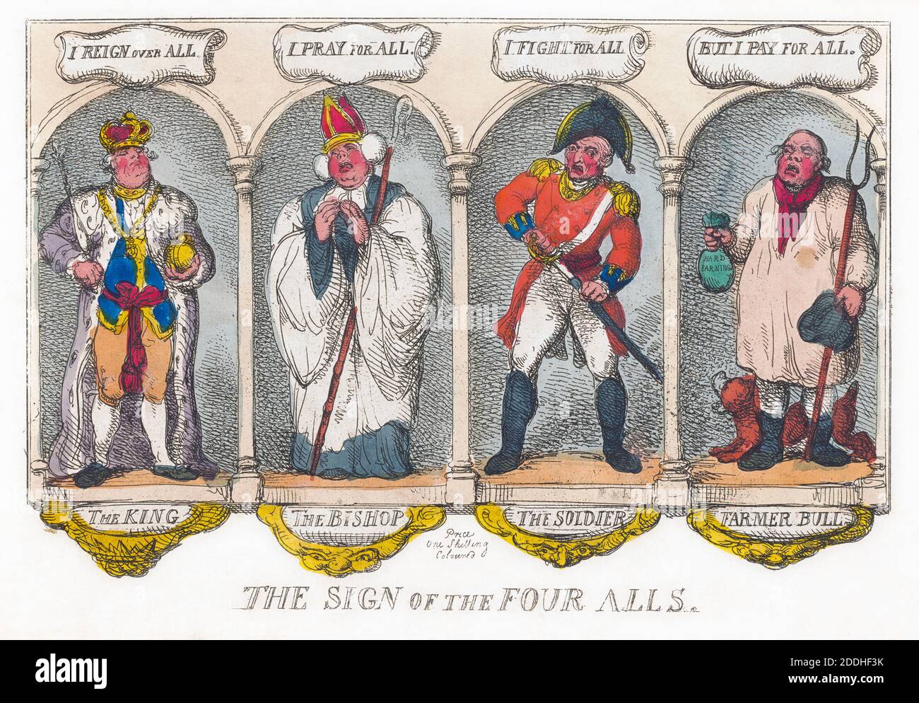 Das Zeichen der vier Alls. Satirisches Werk von Thomas Rowlandson, um 1810, kommentiert die vier Stände Englands: Die Krone, den Klerus, das Militär und den einfachen Mann - dessen Steuern die ersten drei unterstützen. Stockfoto