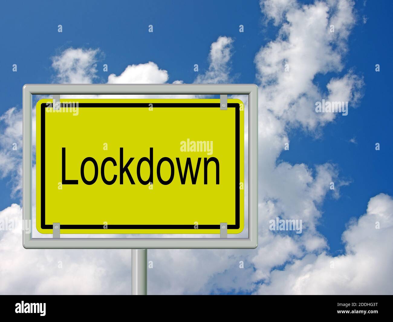 Ortsname Schild mit der Aufschrift Lockdown gegen einen bewölkten Himmel Stockfoto