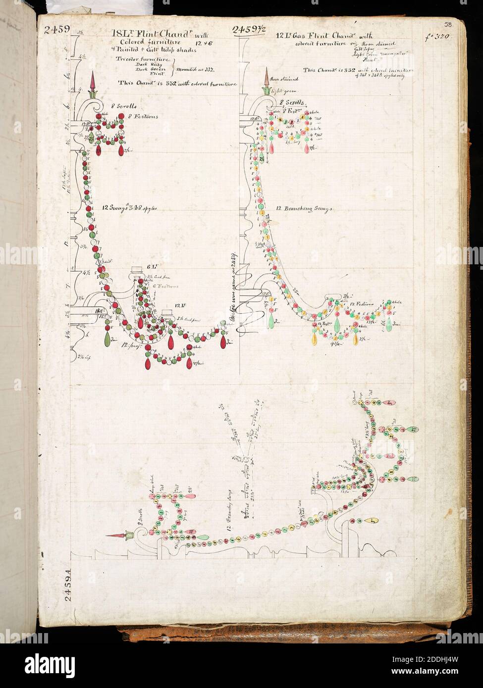 Glasmöbel Design Osler Designmuster Buch, 18 Hell Flint Kronleuchter und 12 Hell Gas Flint Kronleuchter, 1850-1900 Designer: F & C Osler (Ltd), Book, Applied Arts, Manufacturers, Birmingham history Stockfoto