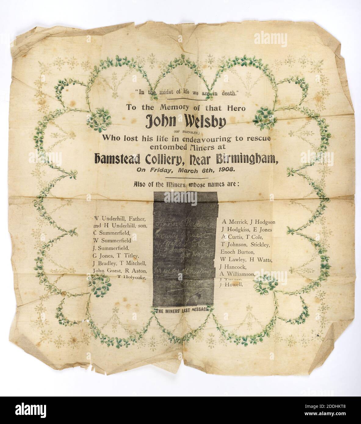 Souvenir Papier Serviette, Hamstead Colliery Disaster, 1908, Sozialgeschichte, Birmingham Geschichte, Tod, Hersteller, Kohlebergbau Stockfoto