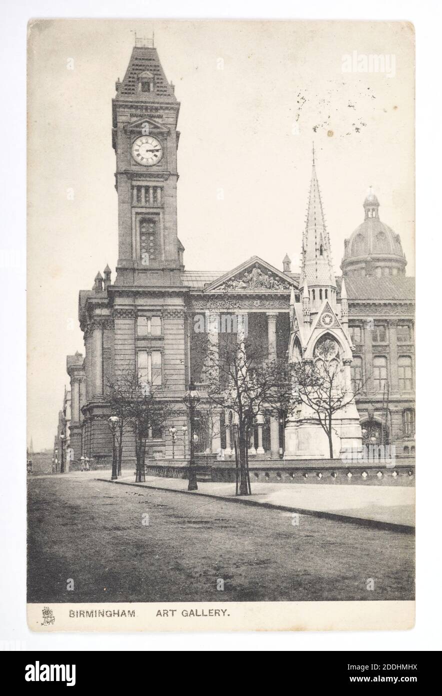 Postkarte, Birmingham Art Gallery, 1907 topografische Ansichten, Postkartenansicht von Birmingham Museum & Art Gallery, Uhrturm, & Chamberlain Memorial., topographische Ansichten, Birmingham Geschichte, Postkarte Stockfoto