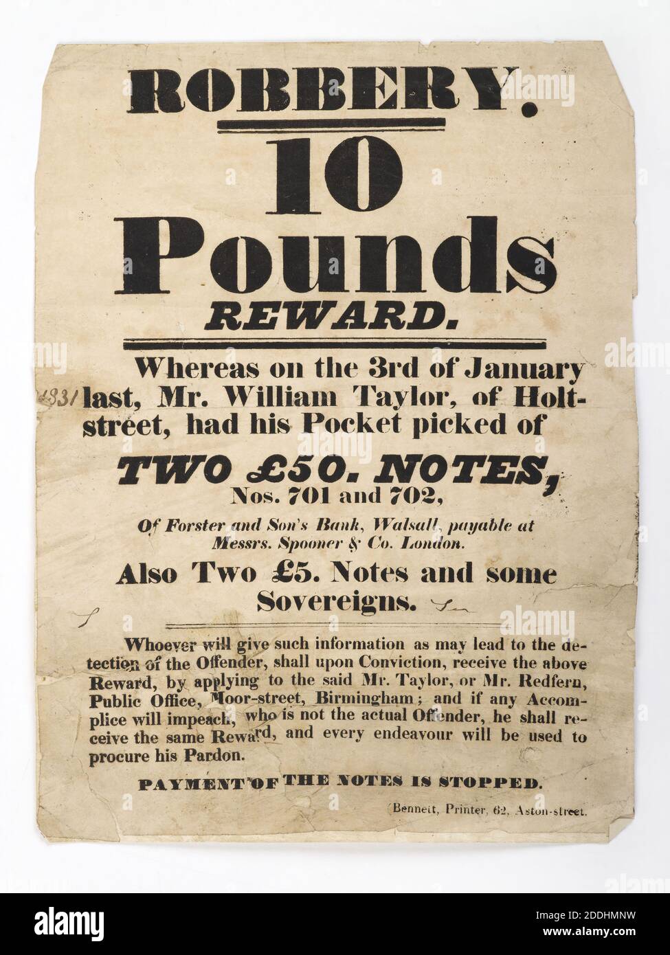 Poster , 10 Pounds Reward for Robbery of Mr William Taylor, 1831 Printer: Bennett, 19th Century, Typography, Birmingham history, money, Social history, Crime Stockfoto