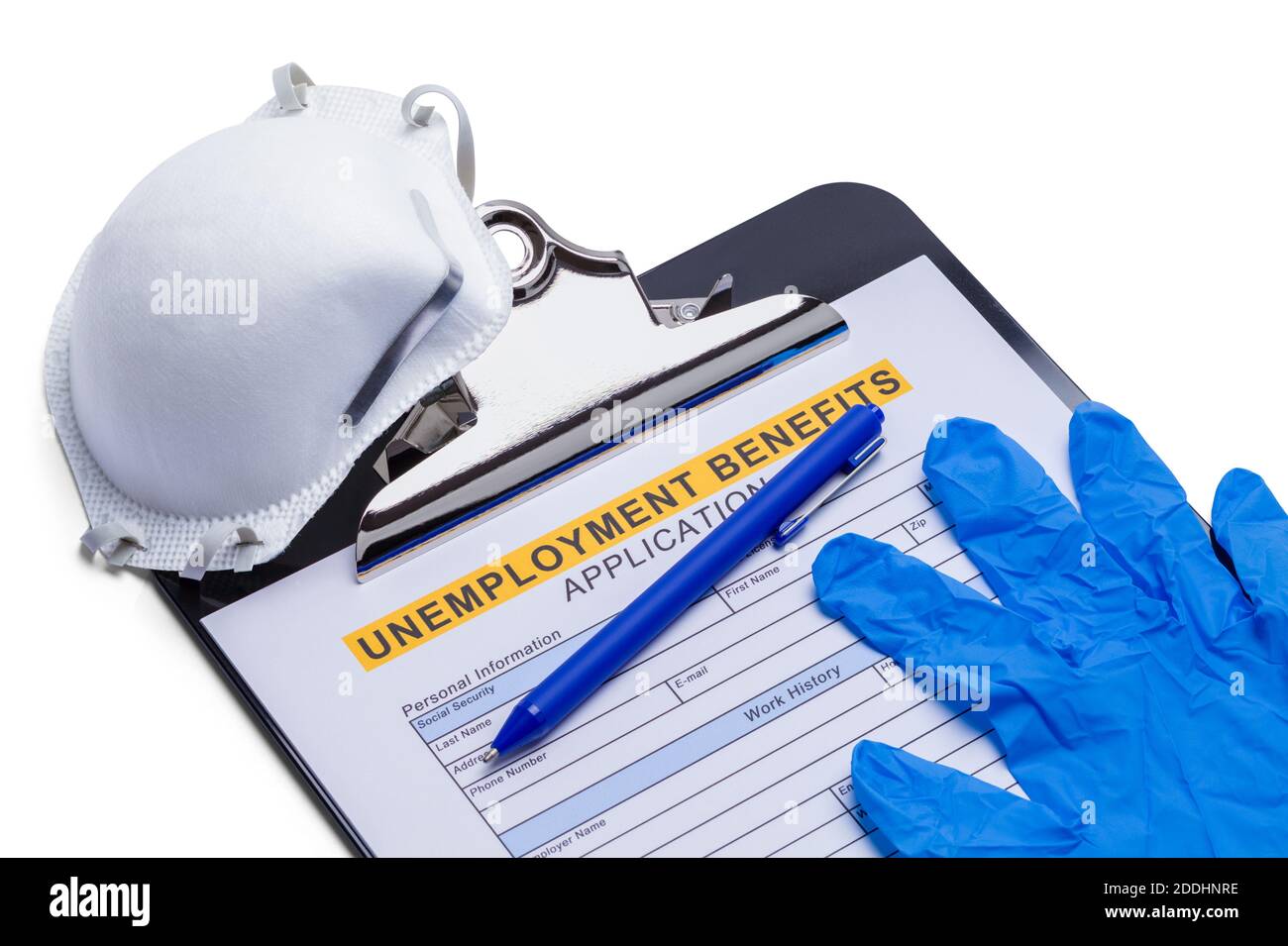 Arbeitslosengeld Anwendung auf Zwischenablage mit N95 Maske und Handschuhe. Stockfoto