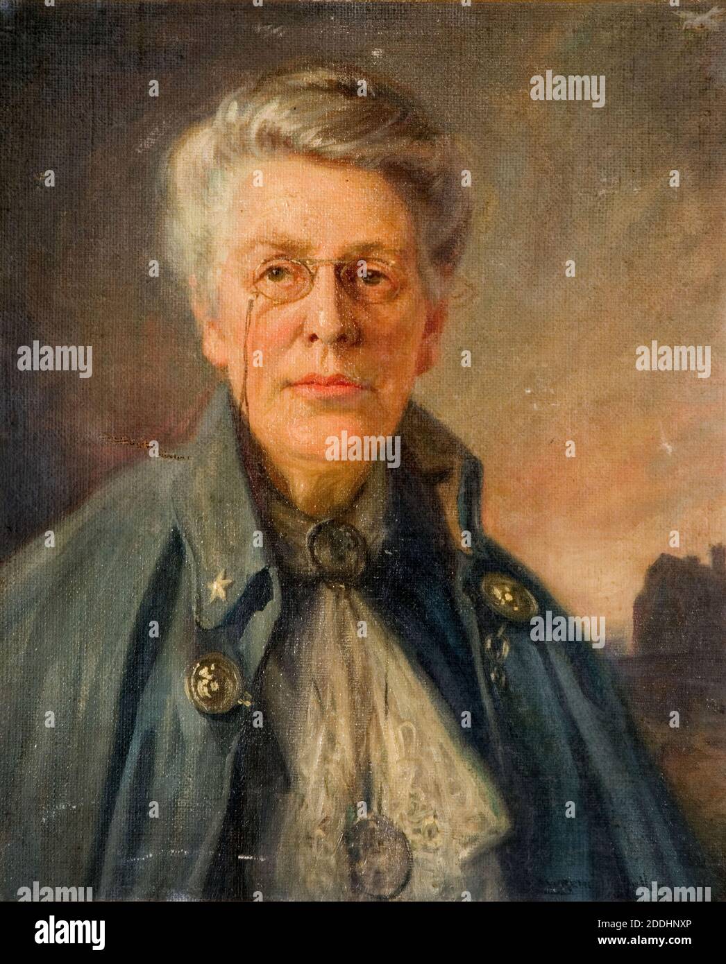 Sophia Sturge, 1917 Lawrence Deller (d. 1918), gerahmtes Ölgemälde von Sophia Sturge, Tochter von Joseph Sturge, gemalt von Lawrence Deller, einem Kriegsdienstverweigerer aus dem Dartmoor Gefängnis., Ölgemälde, Brille, Porträt, Frau, Kleidung, Mantel Stockfoto