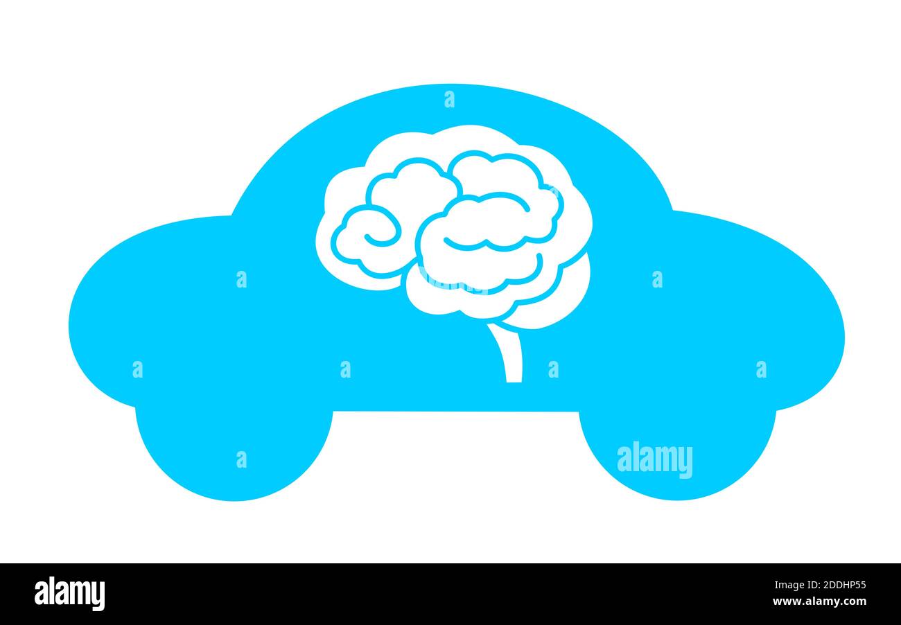 Einfacher Vektor des blauen Autos mit Gehirn. Metapher des intelligenten Autos mit autonomem Fahren und Selbstkontrolle. Innovation in der Automobilindustrie - künstliche in Stockfoto