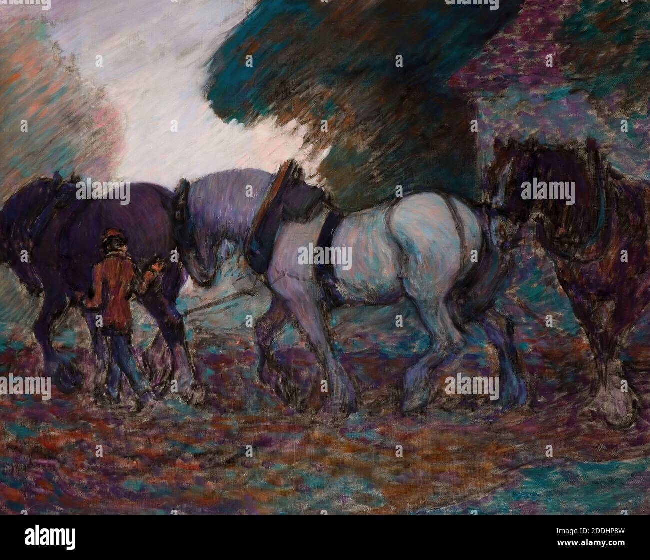 Das Pflügen Team, Morgenröte, 1906 von Robert Bevan (gest.1925), Ölgemälde, Tier, Pferd, Kunstbewegung, Post-Impressionismus, Landwirtschaft, Sonnenaufgang Stockfoto