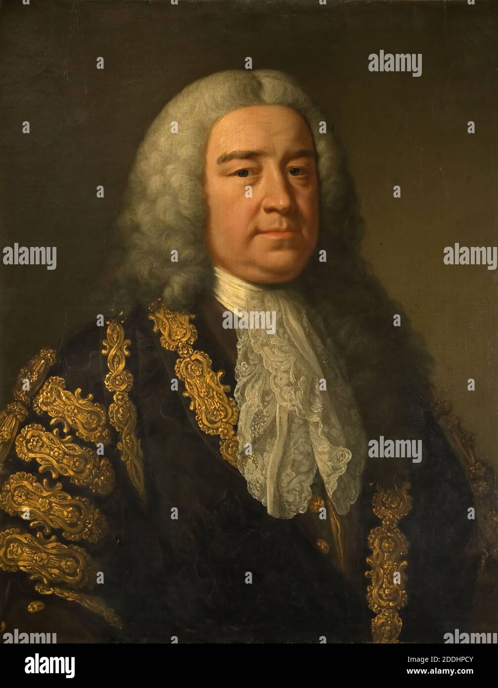 Porträt der RT. Hon. Henry Pelham ( 1694-1754) John Shackleton, Henry Pelham FRS (1694-1754) war ein britischer Whig-Staatsmann, der vom 27. August 1743 bis zu seinem Tod als Premierminister von Großbritannien diente. Pelham gilt allgemein als Großbritanniens dritter Premierminister nach Sir Robert Walpole und dem Earl of Wilmington., Ölgemälde, Porträt, Textilien, Spitze, Kostüm, Perücke Stockfoto