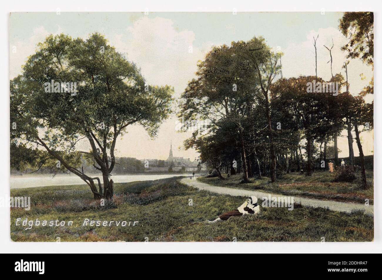 Postkarte, Edgbaston Reservoir, Birmingham 1907 topographische Ansichten, See, Sozialgeschichte, Garten, Birmingham Geschichte, Postkarte, Hand-getönt, Sozialgeschichte, Erholung & Freizeit Stockfoto